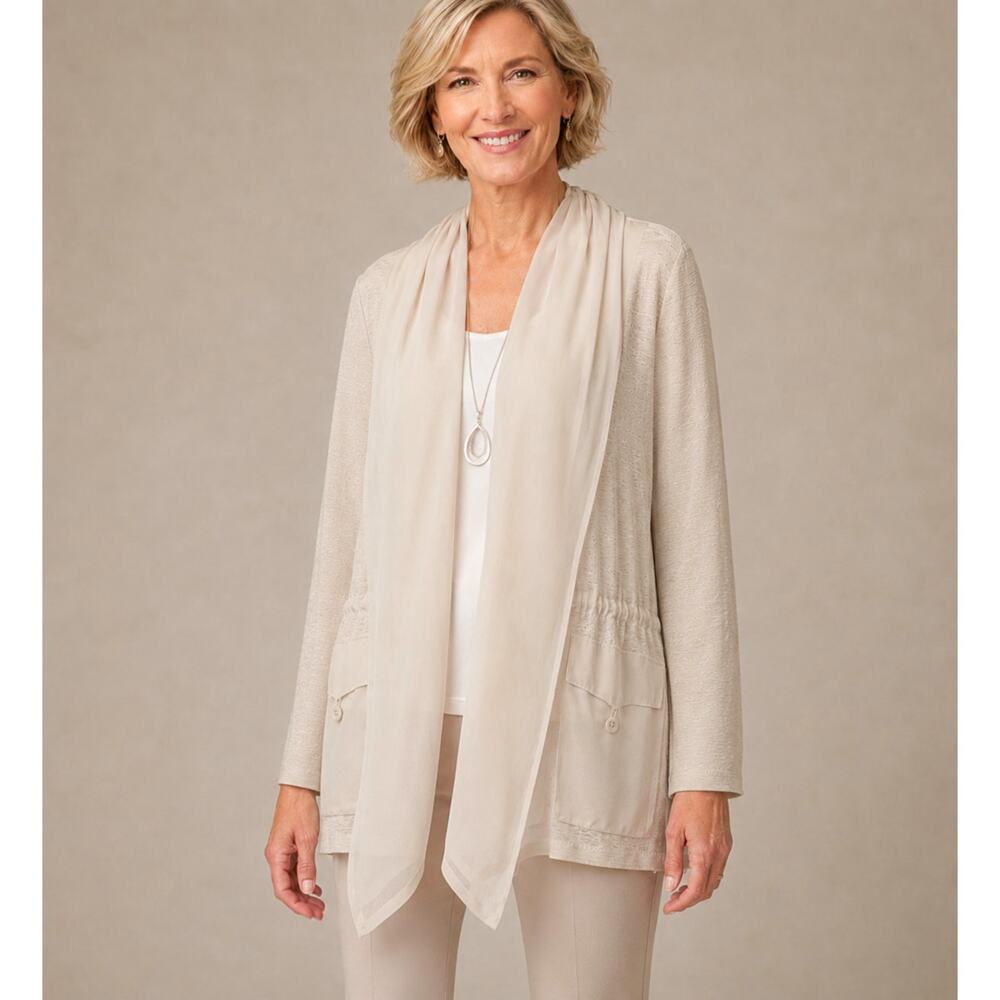 CHICO'S 3 Silk Linen Dressy Open Jacket Topper‎ XL Pockets Event Career Travel